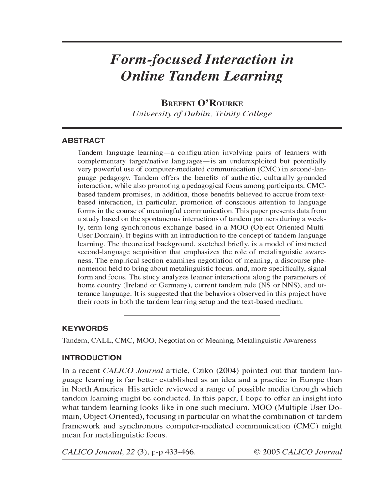 Form Focused Interaction in Online Tandem Learning  Calico