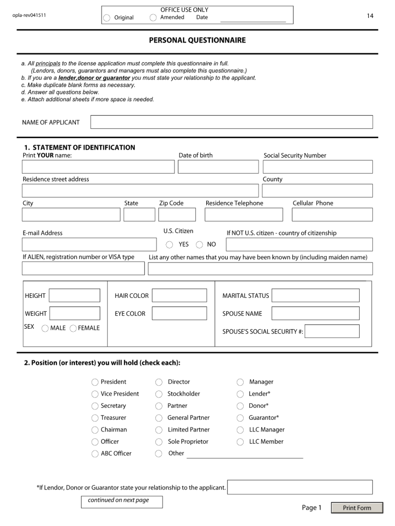 Sla Personal Questionnaire  Form