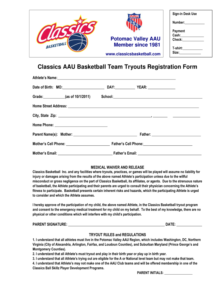 Basketball Tryout Registration Form