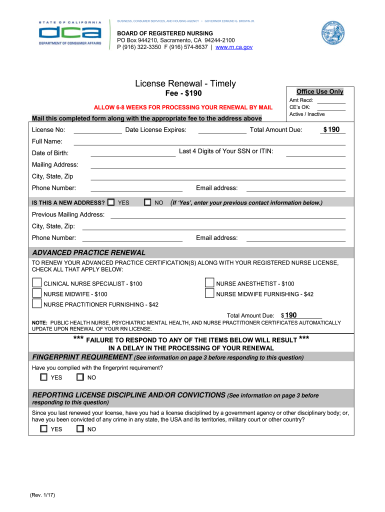 Registered Nurse Renewal Fee Timely$140 Form