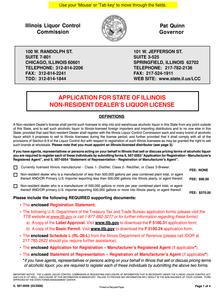 Application for State of Illinois Non Resident Dealers Liquor License Form