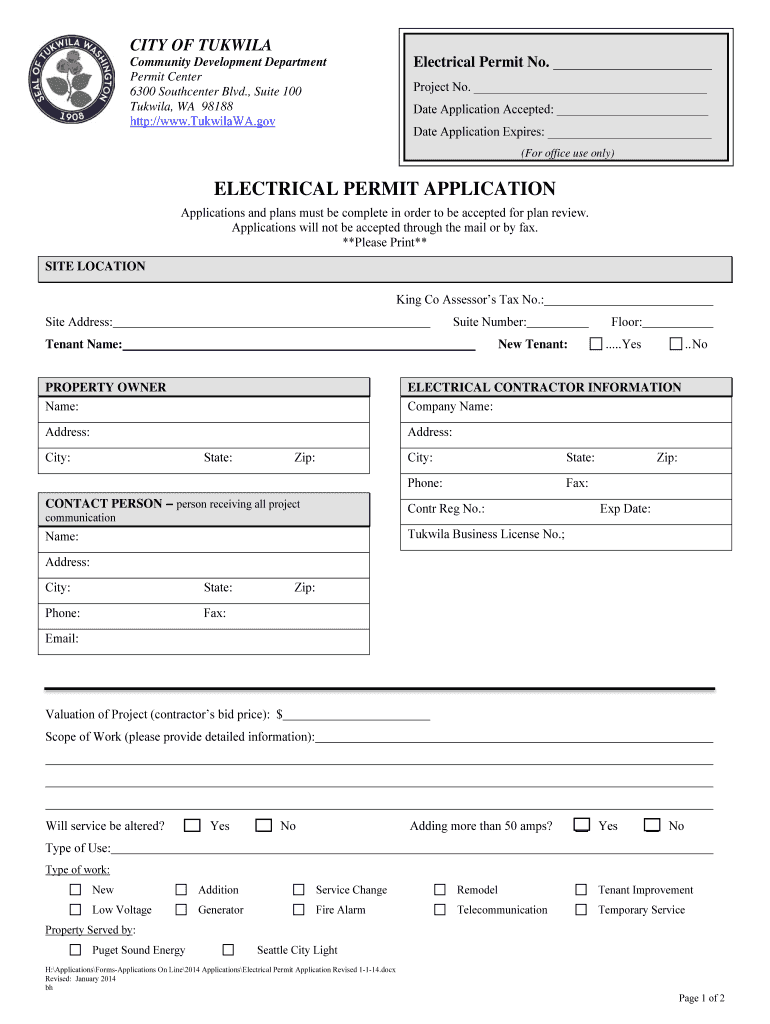  City of Tukwila Electrical Permit Application  Form 2014