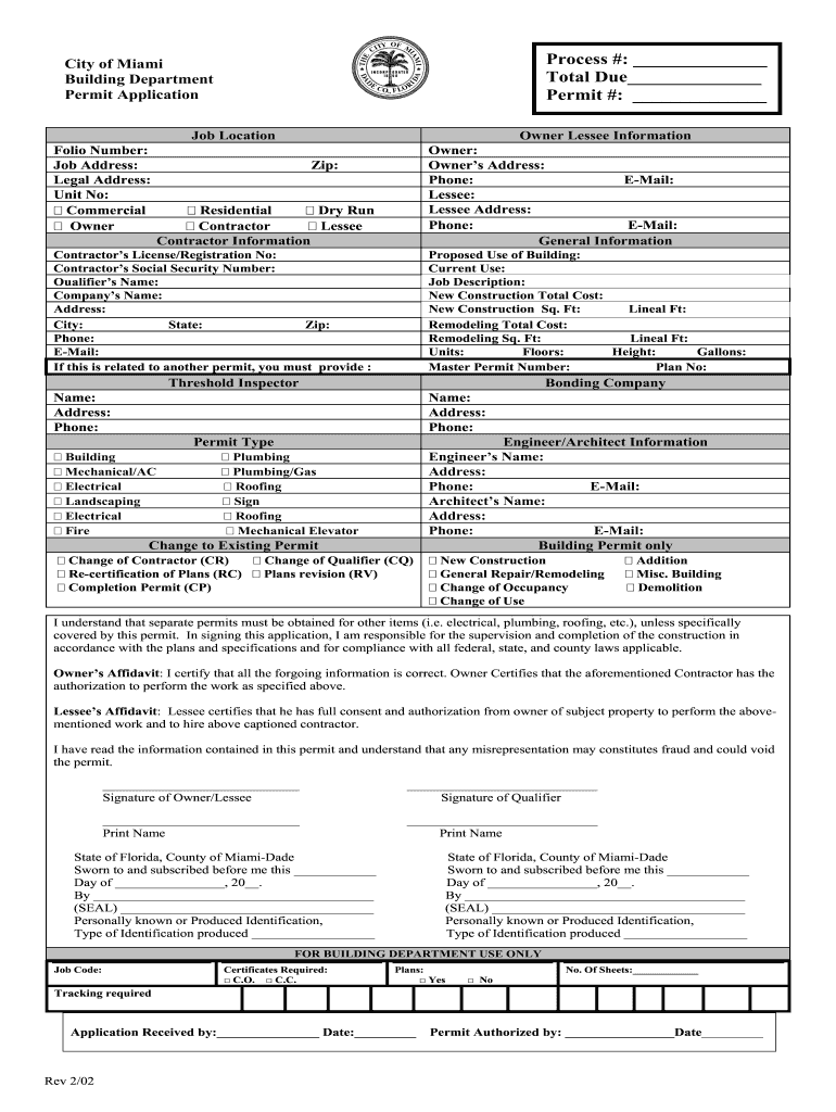  City of Miami Permit Application Form 2002-2024