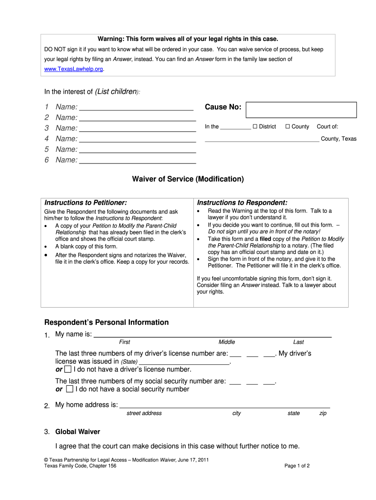 Waiver of Service Texas PDF  Form