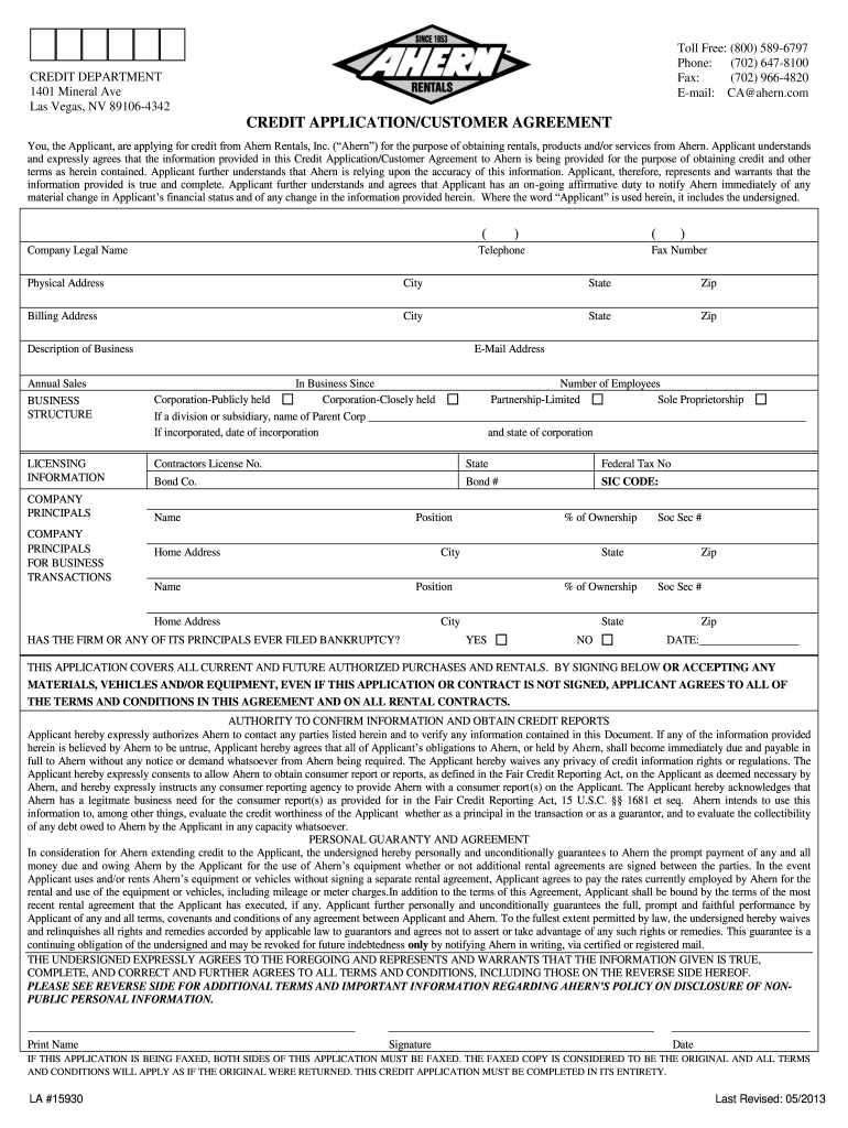  Ahern Rentals Credit Application Form 2013