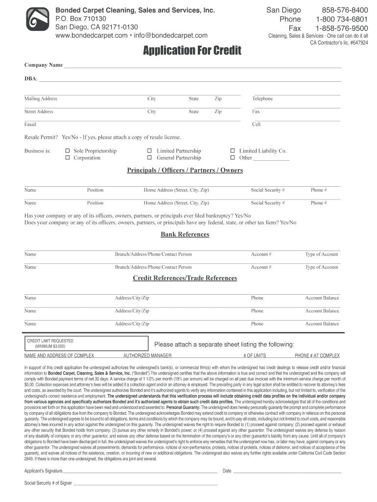 Application for Credit  Bonded Carpet  Form