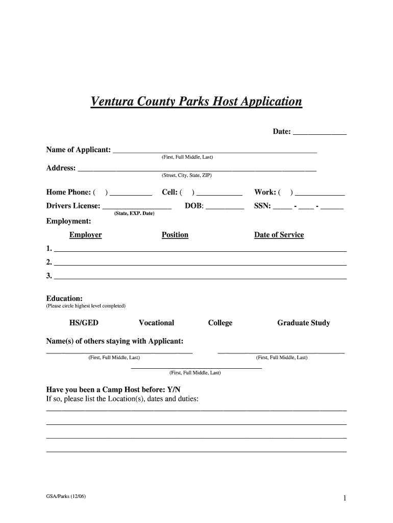 Get and Sign Ventura County Parks Host Application  County of Ventura  Portal Countyofventura  Form