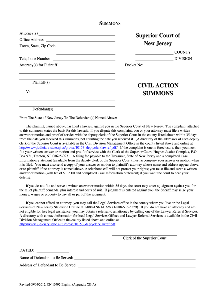 Nj Summons Form