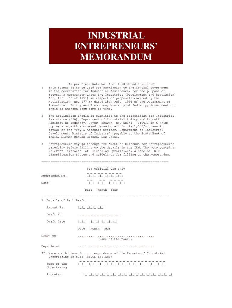 INDUSTRIAL ENTREPRENEURS&#39; MEMORANDUM  Form