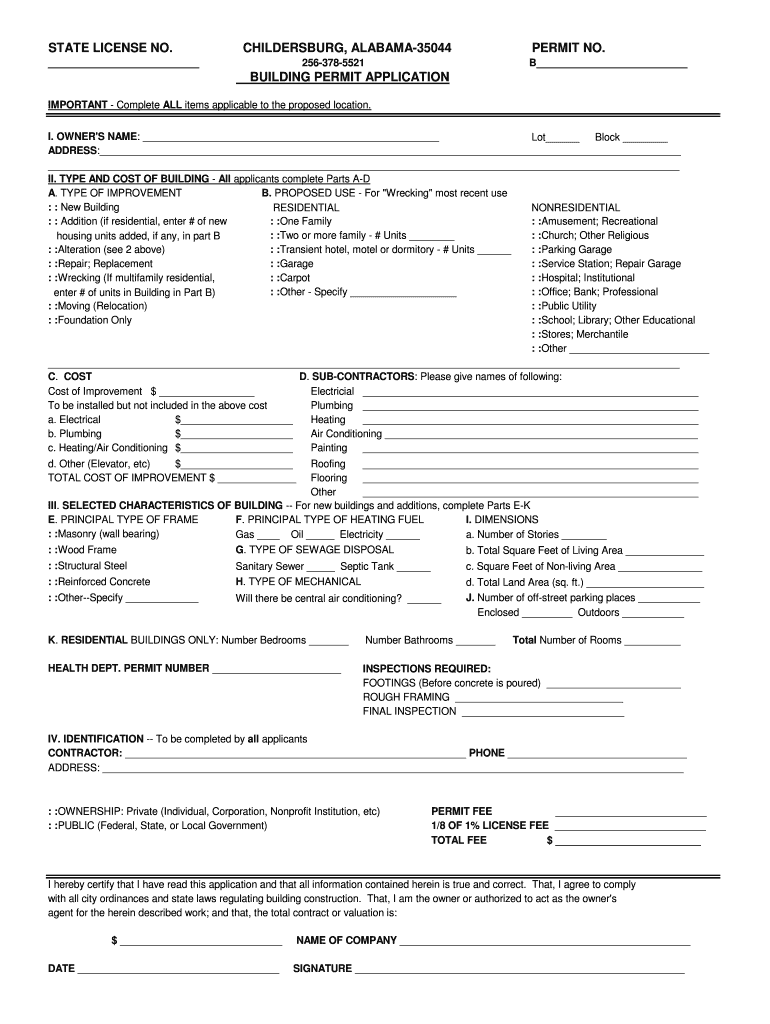 Building Permit Application  City of Childersburg  Childersburg  Form