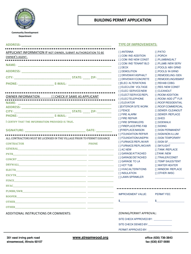 Village of Streamwood Permits  Form