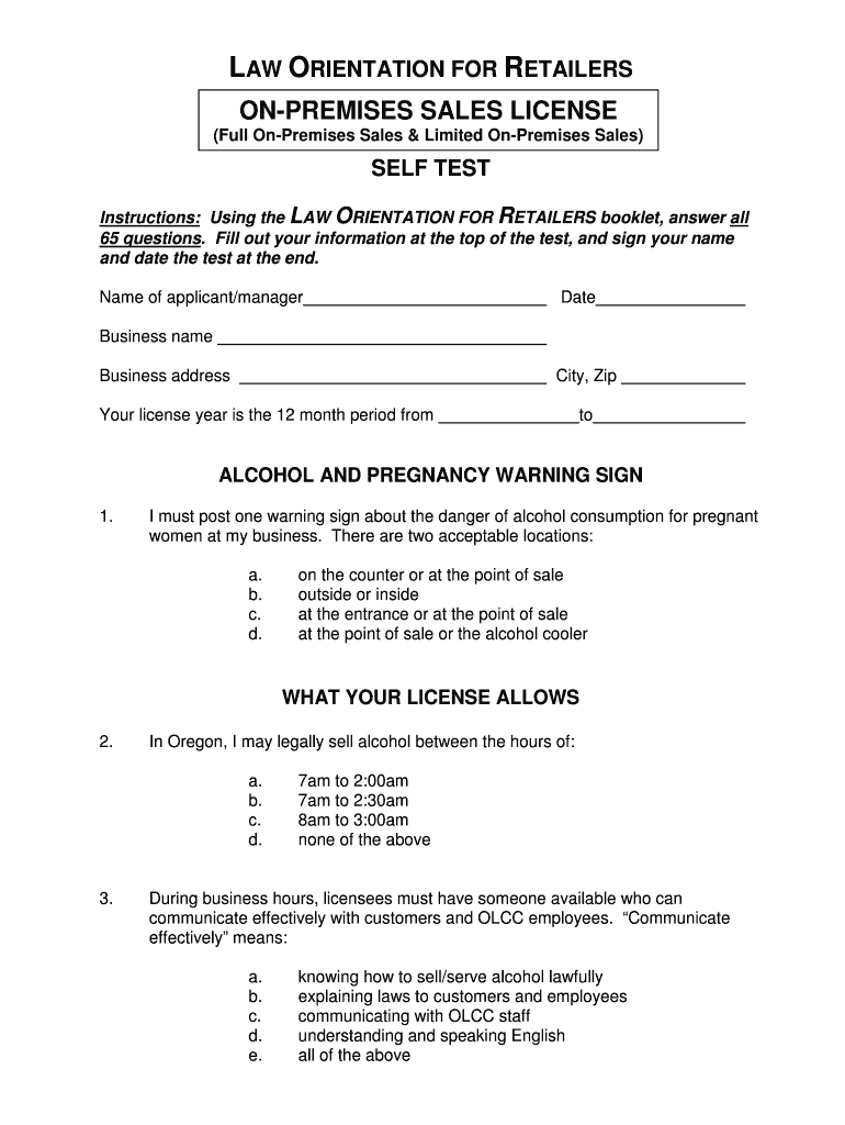 Law Orientation for Retailers Self Test  Form