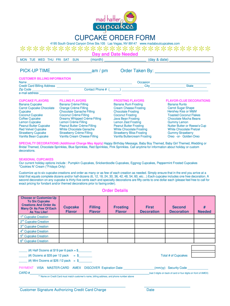 Custom Printable Cupcake Order Form Template