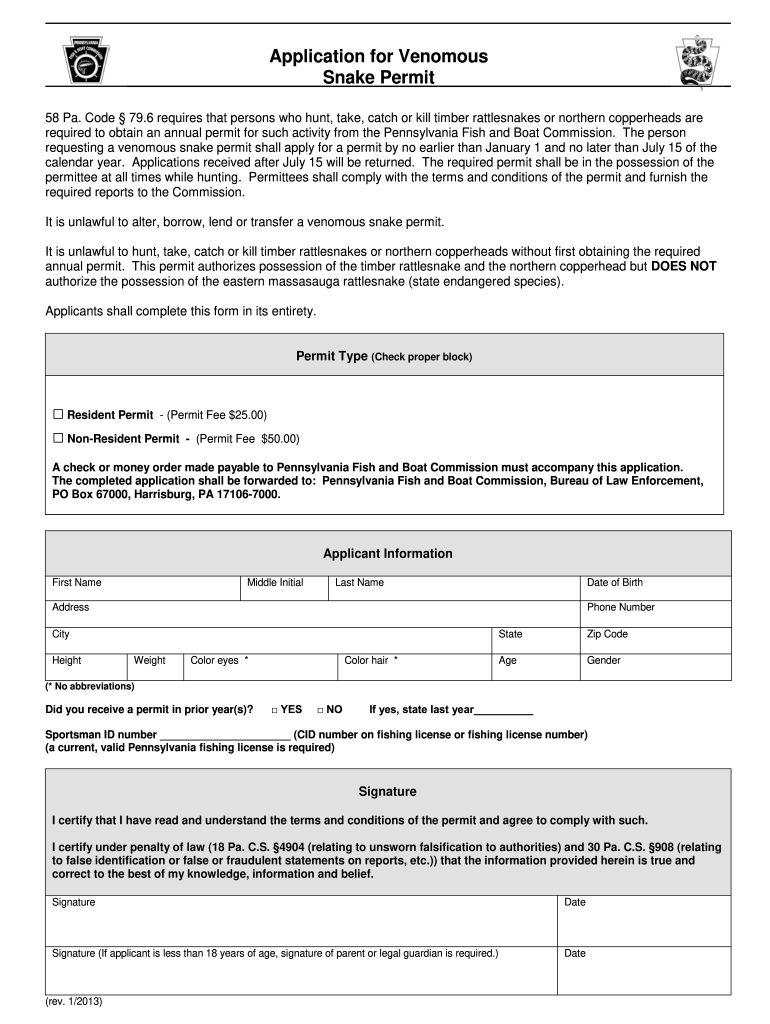  Pa Venomous Snake Permit 2013-2024