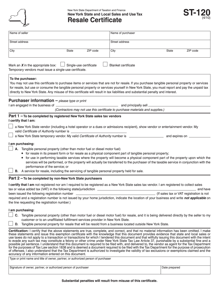  Nys Resale Certificate Form St 120 2018