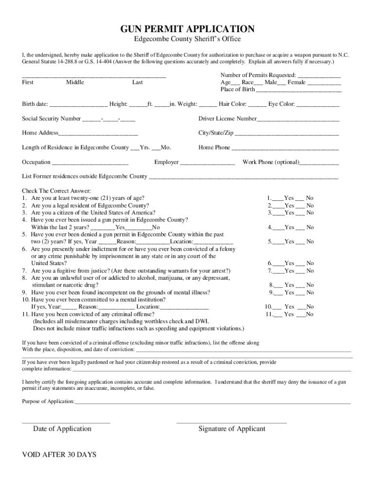 Edgecombe County Gun Permit  Form