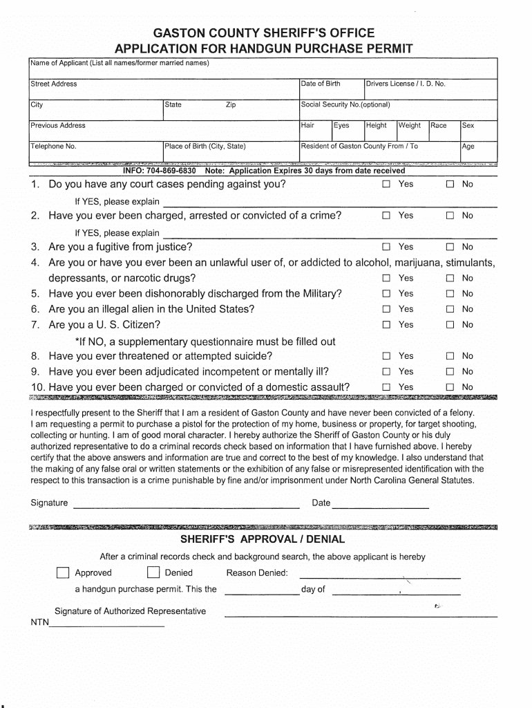 Gaston County Gun Permit  Form