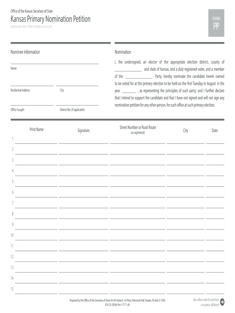 Kansas Primary Nomination Petition  Sos Ks  Form