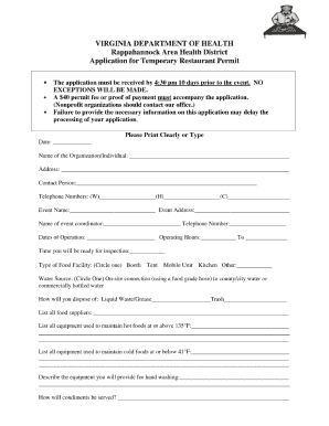 Irginia Department of Health Rappahannock Area Health District Application for Temporary Resturant Permit Form