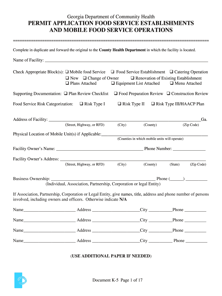 K 5 PERMIT APPLICATION FOOD SERVICE ESTABLISHMENTS Edited 11 03 09 DOC  Form