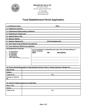 Massachusetts Food Establishment Permit Application Department of Health Form