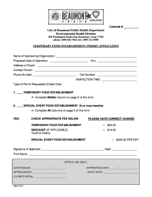 Temporary Food Establishment Permit Application City of Beaumont  Form