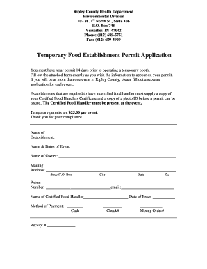 Food Permit Temporary Application Ripley County  Form