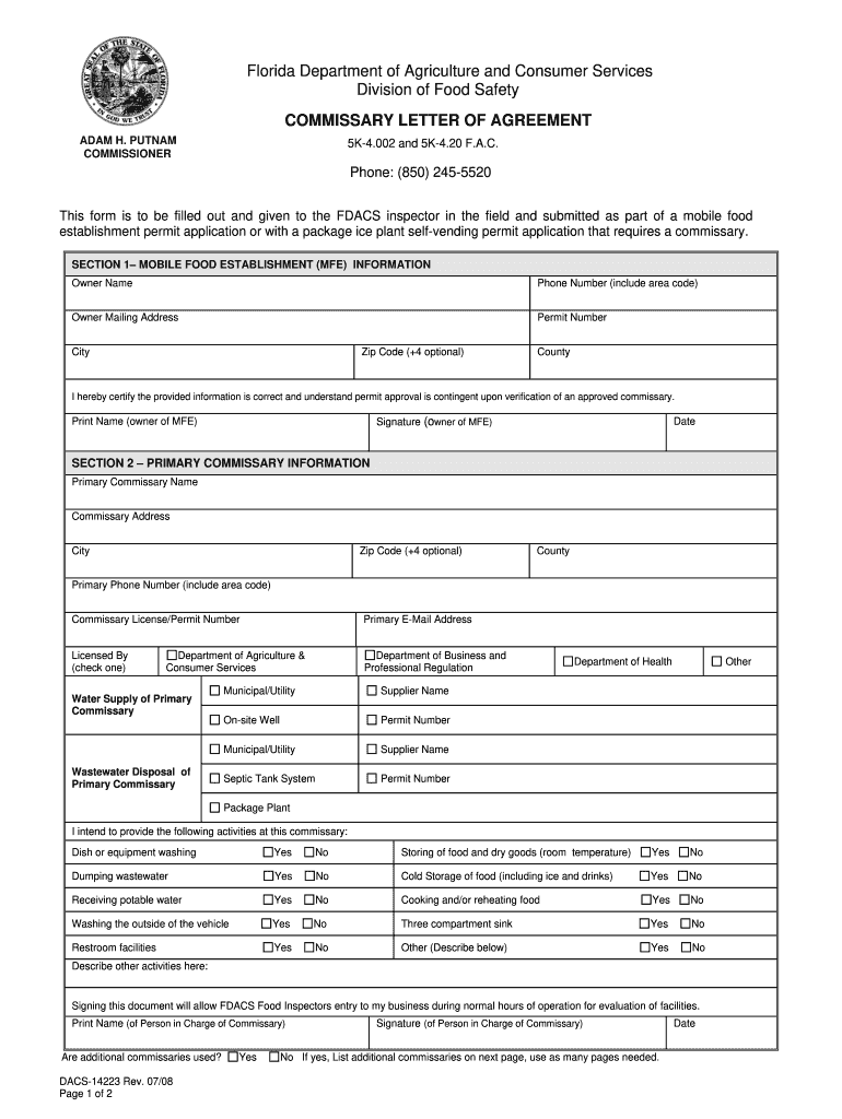 Commissary Agreement 20082024 Form Fill Out and Sign Printable PDF
