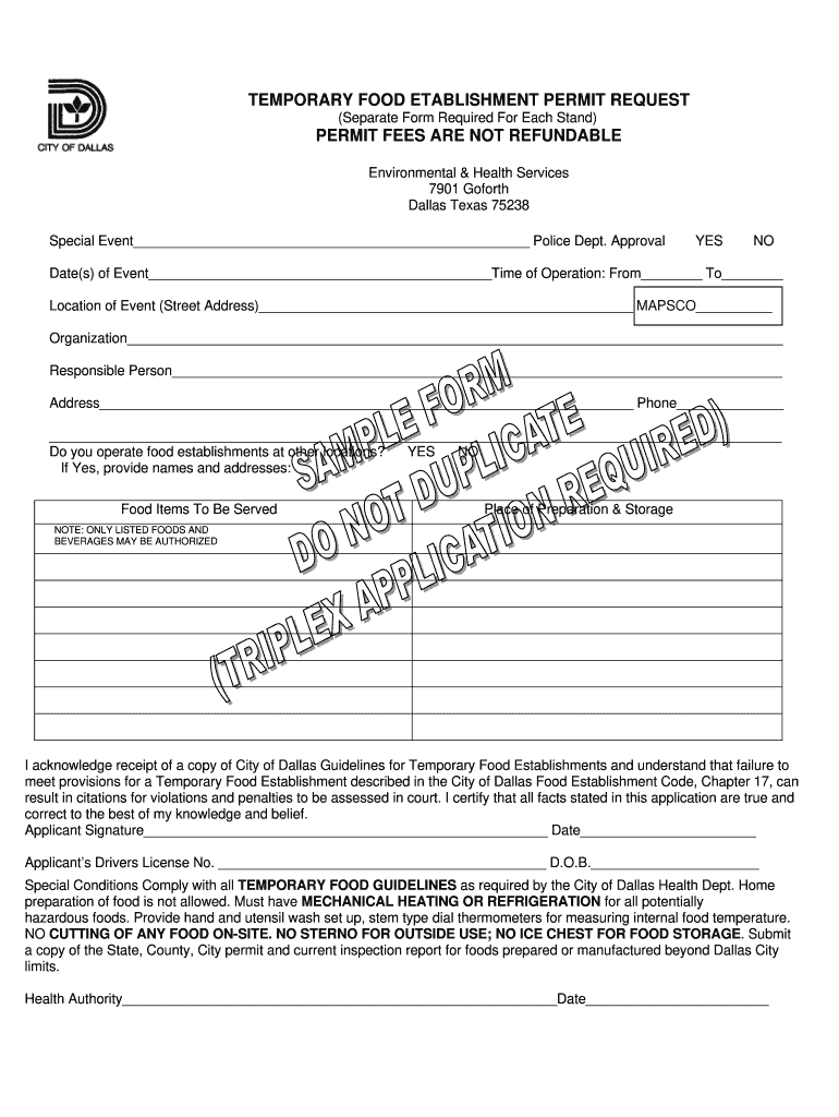 Dallas Food Permit  Form