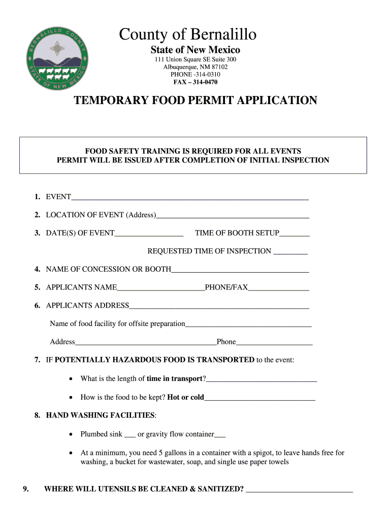 Food Permit Application  Bernco Gov  Form