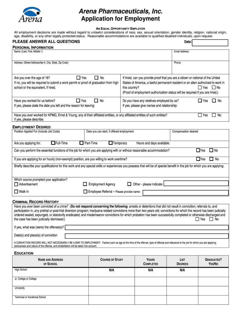 Employment Application Form PDF Arena Pharmaceuticals, Inc