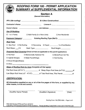 ROOFING FORM 100 PERMIT APPLICATION SUMMARY of