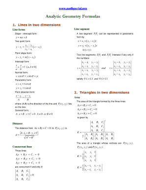 Analytic Geometry Formula Sheet