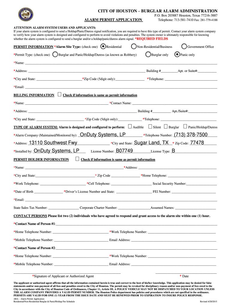 Houston Alarm Permit  Form