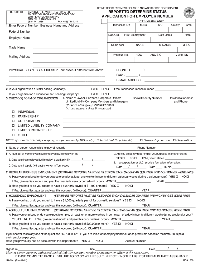 Report to Determine Status Application for Employer Number  TN Gov  Tn  Form