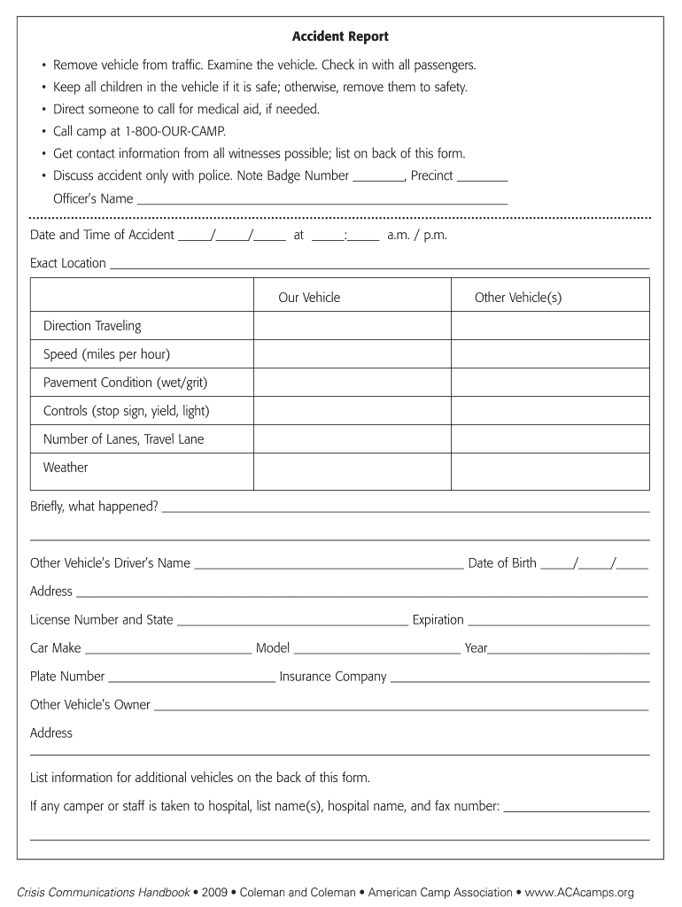 American Camp Association Accident Incident Report Form