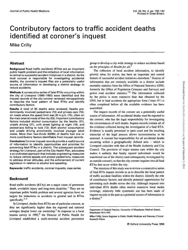 Contributory Factors to Traffic Accident Deaths Identified at Coroner's    Jpubhealth Oxfordjournals  Form