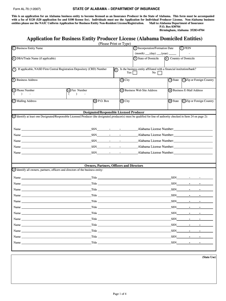 NAIC Uniform Application for  Alabama Department of Insurance  Insurance Alabama