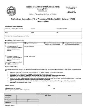 FORM LI 231 CHECKLIST for a PROFESSIONAL CORPORATION Re State Az