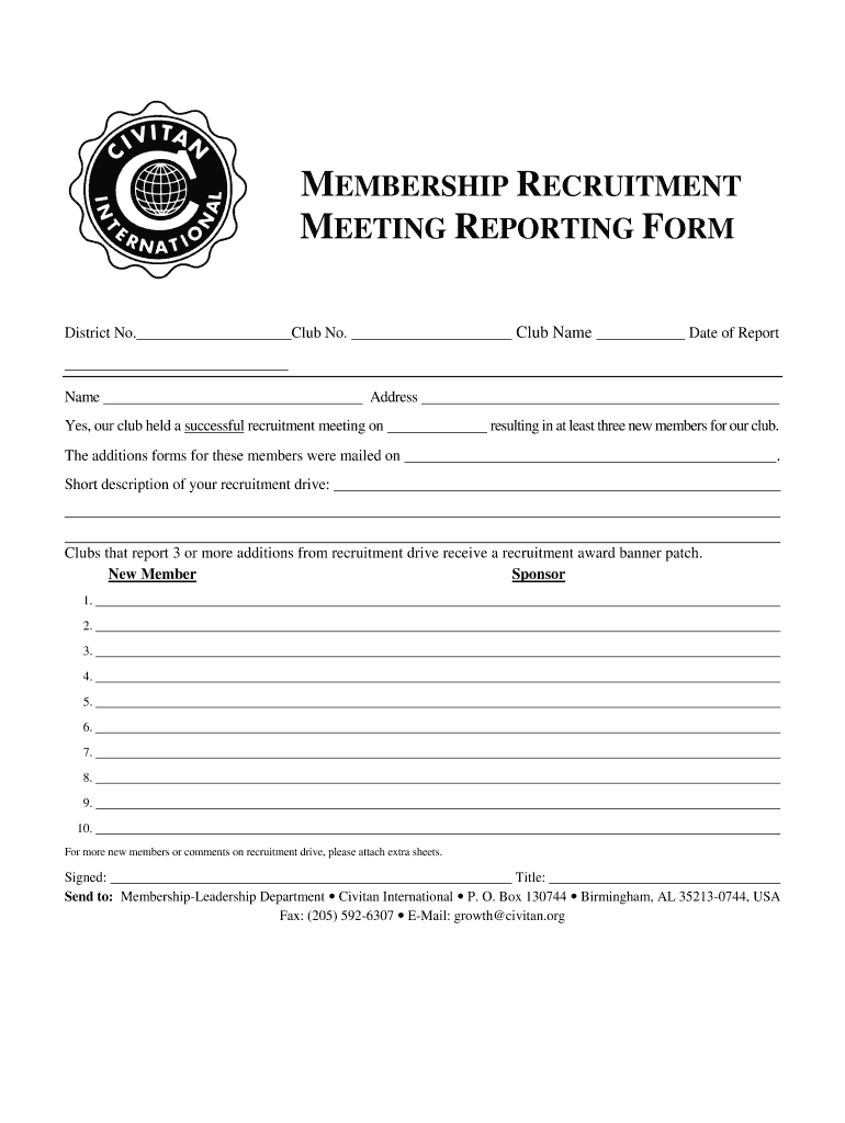 Membership Recruitment Meeting Reporting Form  Civitan    Civitan