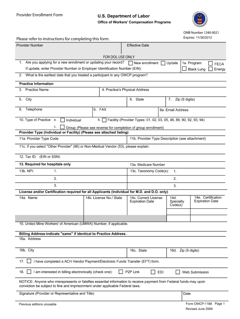 Owcp 1168  Form