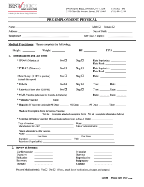 Pre Employment Physical Form 01 21 11 Best Choice Home