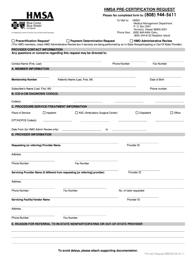 Generic Pre Certification Request Form  0911  Bcbshi