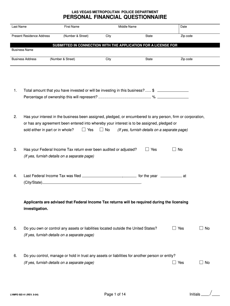 Lvmpd Personal Financial Questionnaire Form 2004-2025