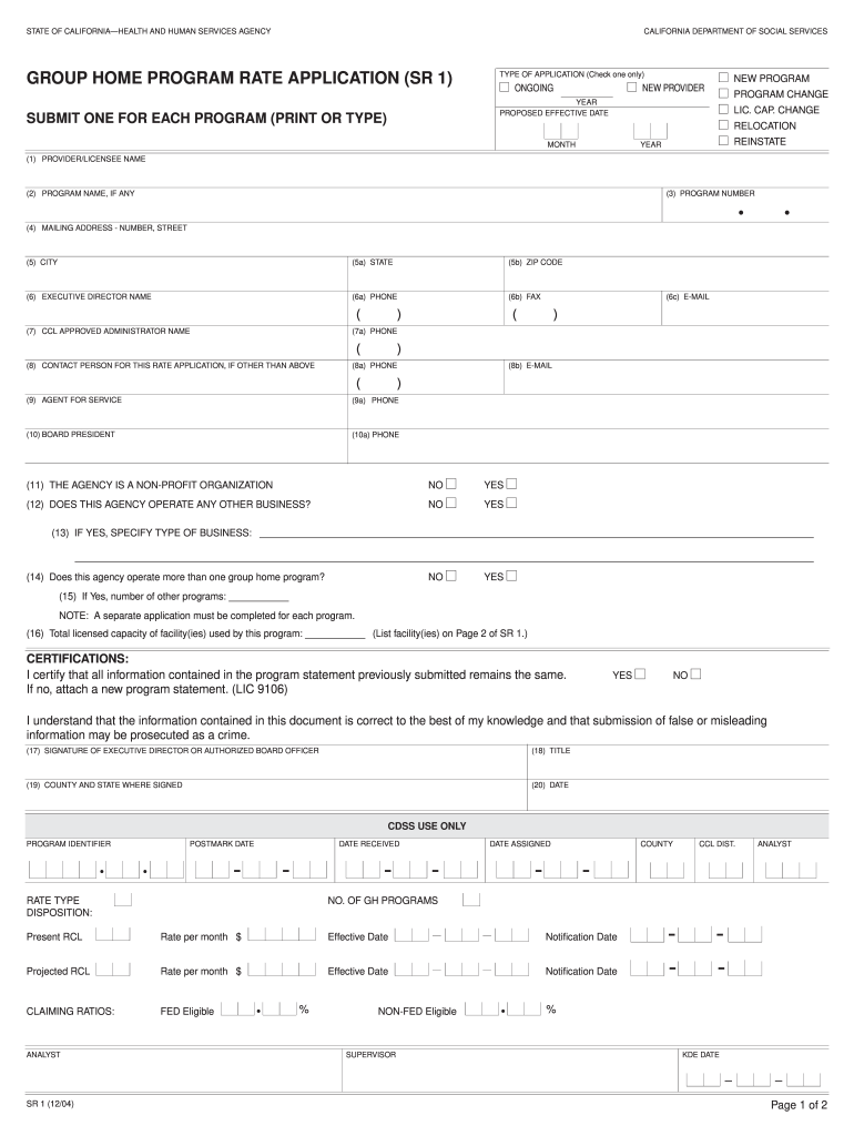 Group Home Program Rate Application Sr 1 Form