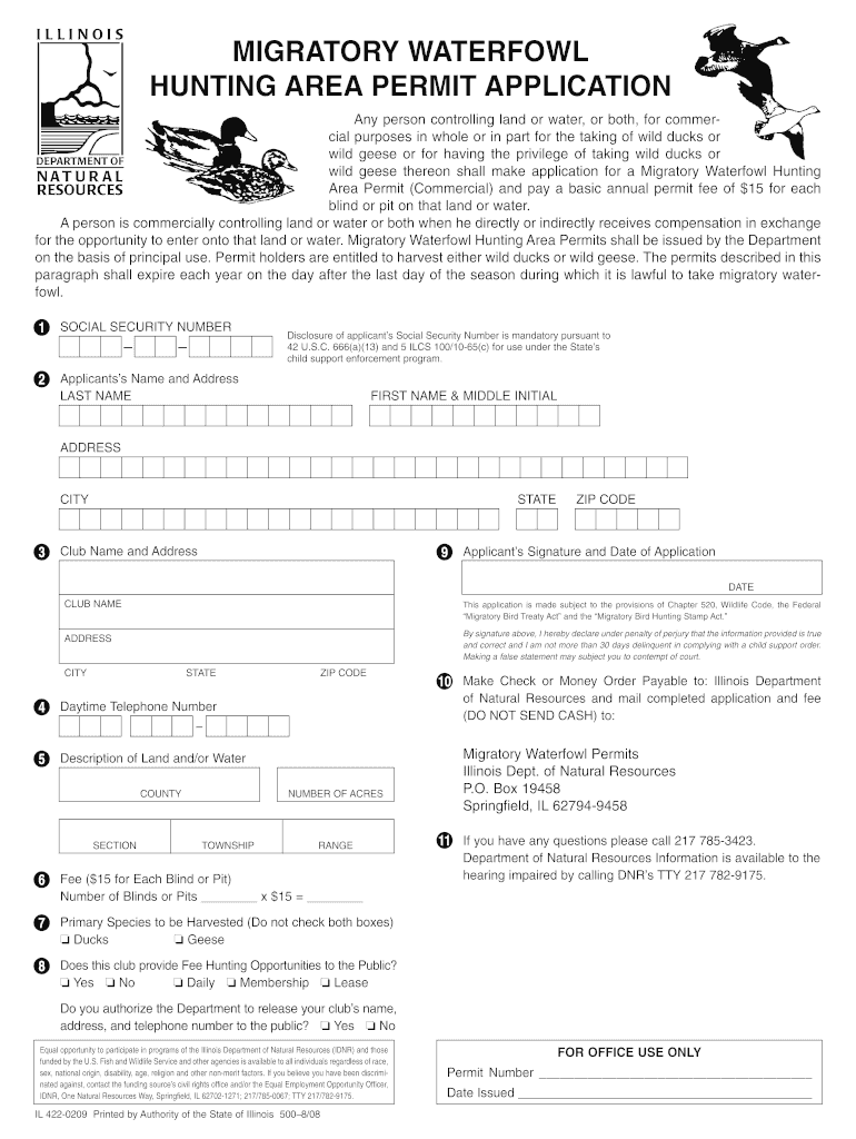 422 0209 Migratory Waterfowl  Illinois DNR  State of Illinois  Dnr Illinois  Form
