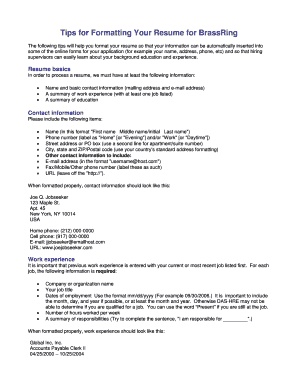 Fomatting of Resume on Brassring Form