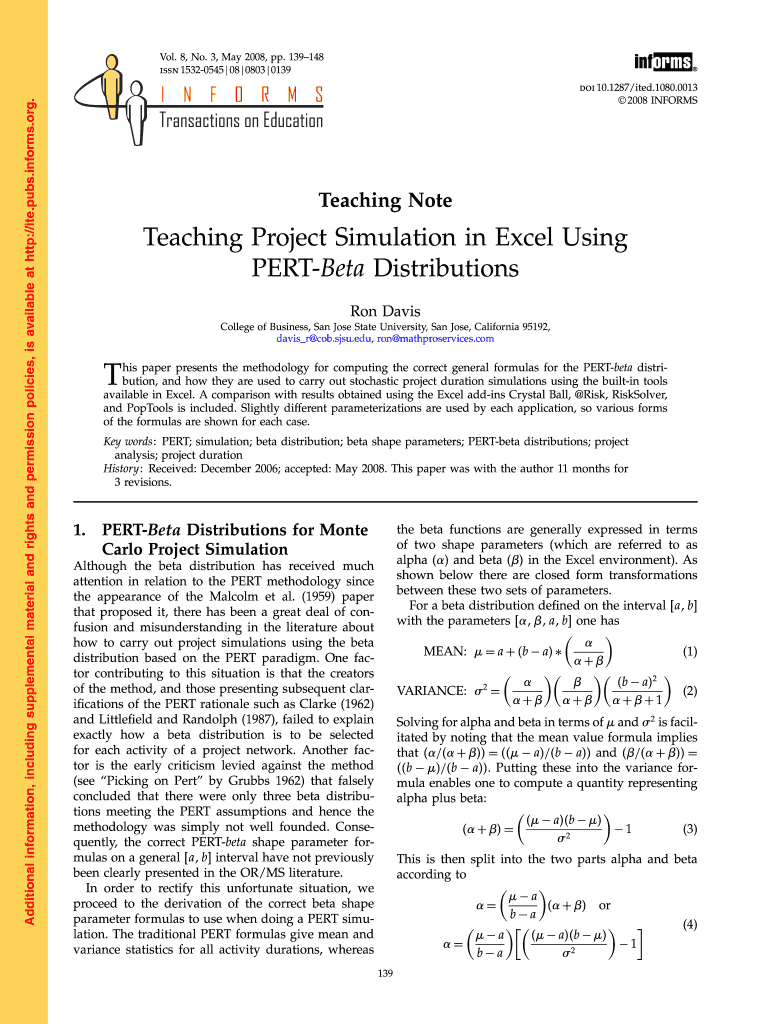 Teaching Project Simulation in Excel Using PERT Beta Distributions  Informs