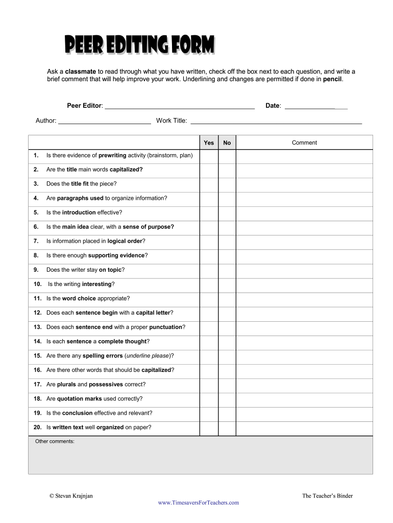 Peer Editing Checklist  Form