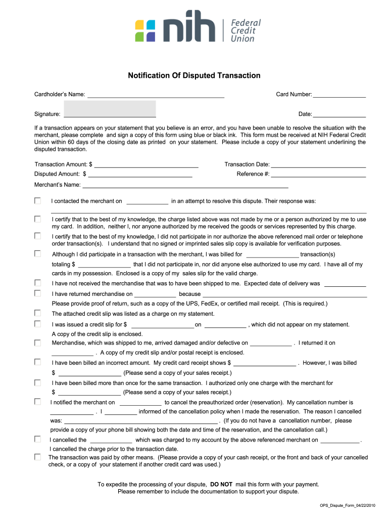  Nihfcu Visa Dispute Form 2010-2024